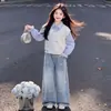 Sudadera tipo polo de dos piezas falsas estilo coreano personalizada para primavera y otoño para niñas, conjunto casual de dos piezas de mezclilla con diseño moderno