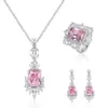 Nuevo Collar de Espiga de Trigo Rosa Blush de Amazon, Anillo para Mujer, Pendientes de Melocotón Rosa Lujosos Completamente Incrustados de Diamantes, Juego de Gemas