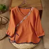 Camisa de Algodón y Lino para Mujer, Nuevo Estilo Verano 2025, Top Artístico Estilo Chino, Camisa Bordada de Media Manga con Cuello en V