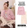 Conjunto de pijama feminino de algodão com mangas compridas e sutiã embutido, novo estilo outono/inverno, fofo e doce, adequado para usar como roupa de casa