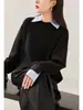 Suéter de punto de manga larga con cuello de camisa empalmado y efecto de dos piezas, corte holgado, estilo vintage y artístico
