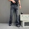Jeans Jacquard Preto da Moda Street Style para Homens, Corte Reto Solto, Calça Casual Versátil