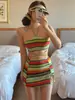 Nuevo Conjunto de Bikini de Tres Piezas con Falda Dividida Rayada Sexy de Estilo Étnico para Mujer con Poco Busto, Adecuado para Vacaciones, Playa y Aguas Termales