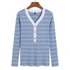 Gran Venta Primavera y Verano Estilo Coreano Tejido de Punto Rayas Botones Moda Ajustado Versátil Medio Abierto Cuello V Talla Grande Casual Mujer 6753
