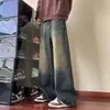 Jeans Masculino Transfronteiriço Sudeste Asiático Versátil Lavado Wide-Leg Jeans Masculino Retrô Desgastado Solto Calça Reta