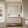 Set de Muebles de Baño de Aluminio Espacial de Color Crema con Esquinas Redondeadas, con Lavabo Cerámico Integrado y Tocador