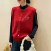 Nova moda outono estilo coreano gola redonda colete de malha bordado com contas em camadas para mulheres, cardigã colete suéter elegante