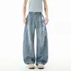 Bufanda Cuadrada Desmontable Pantalones de Dobladillo Curvo para Hombre, Estilo Pareja Primavera y Verano, Silueta High Street, Jeans Baggy Sueltos de Pierna Ancha