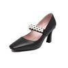 Tacones Cuadrados con Perlas, Zapatos de Talla Grande para Mujer para Exportación, Zapatos Individuales Y98-2, Moda Retro para el Trabajo, Tacón de Herradura Versátil