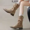 Botas Martin de cuero genuino color marrón Maillard para mujer, botas plisadas de tacón grueso, botas vaqueras de media pantorrilla con corte en V adelgazante