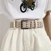 Moda Retro Europea y Americana Cinturón de Hebilla de Tres Pines para Mujer Venta al por Mayor Cinturón Ultralargo con Calados Cinturón de Cuero PU para Mujer