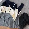 Elegante suéter de punto de lana merino básico de canalé vertical otoñal con cuello en V y solapa de color contrastante, adelgazante, para usar solo o como prenda exterior