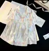 Novos pijamas de algodão plissado nuvem para meninas, conjunto de três peças para primavera e verão, terno feminino com lapela estampada, fofo, para casa