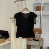 Camisa sin mangas fruncida de verano estilo francés, top corto, negro, cuello en V, manga corta tipo volante, camisa tipo muñeca de gasa para mujer