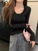 Foto Real Otoño/Invierno 2024 Nuevo Estilo Coreano Ajustado Cuello en U Elegante Ajustado 6 Lana Camiseta Tejida Manga Larga Top Base