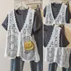 Foto Real de Ropa para Mujer de Tallas Grandes: Nuevo Diseño de Alta Gama Estilo Coreano con Camiseta y Chaleco de Ganchillo Floral Hueco de Dos Piezas
