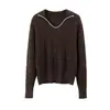 Sofisticación Old MoneySuéter de Punto Pesado Cepillado Suave y Cómodo de Color Contrastante con Cuello Plegable para Mujer, Otoño/Invierno