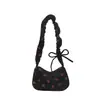Bolsa Hobo Feminina de Veludo para Ombro, Carteira com Estampa de Morango e Alça Franzida com Laço Lateral, Fechamento em Zíper, Bolsa de Mão Casual em Forma de Meia-Lua para Viagens Diárias e Escola