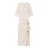 Estilo europeu e americano comércio exterior verão feminino novo moda elegante cor sólida gola redonda plissado vestido midi