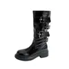 Botas de Caballero Estilo Británico Media-Alta para Mujer 2025 Nuevas Botas de Moda de Tacón Bajo Hebilla de Cinturón Suela Gruesa Botas de Motocicleta de Tacón Grueso