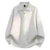 Camisa polo chinesa de algodão estilo americano com ombro reto para homens, primavera e outono, patchwork desconstruído, gola de lapela, camiseta de manga longa, de alta qualidade e elegante