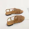 Sandalias Planas Estilo Retro para Mujer Verano Tejidas Huecas Punta Abierta Hebilla Versátiles Cómodas Casuales Zapatos de Playa para Mujer 201-1