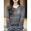 Suéter de Punto a Rayas con Bloques de Color Estilo Coreano 2026 para Mujer Manga Larga Cuello Redondo Holgado Jersey Cárdigan Temperamento Rejuvenecedor Top Único