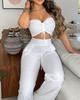 2023 Europeu e americano cross-border feminino elegante elegante cor sólida cintura aberta fino-fit rendas sem alças calças largas terno