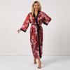 Pijama Delgado con Cordones, Camisón Rojo Floral de Color Bloqueado Largo, Ropa de Casa con Estampado de Moda, Casual y Cómoda para Mujer