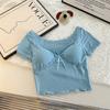 Verano Puro Deseo Chicas Calientes Color Sólido Diseño Borde de Encaje Lazo Reductor de Edad con Almohadilla en el Pecho Top Camiseta de Manga Corta Trendy