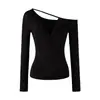 Camiseta de Manga Larga Asimétrica con Parches de Encaje Huecos para Mujer, Estilo Coreano 2026, Top Elegante Adelgazante Ajustado Off-Shoulder de Puro Deseo