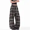 Pantalones de cuadros de corte relajado para hombre y mujer, finos de verano, estilo retro americano, holgados, de pierna recta, modernos, largos hasta el suelo, casuales