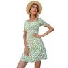 Amazon Estación Independiente Transfronteriza Verano Estilo Europeo y Americano Vestido con Cuello Floral Estilo Occidental Plisado Verde Vestido Francés