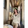 GS.GOOD START Moda Outono Inicial Cor Color Block Patchwork de Renda Franzido Falso Duas Peças Manga Longa Blusa para Mulheres D6292E