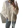 Camisa feminina de algodão puro, estilo francês, com bordado de renda requintado, babados doces, modelagem solta, plus size, manga longa, de Dongdaemun, Coreia.