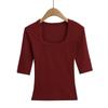 2840-25 Primavera Nuevo Estilo Europeo y Americano Sexy Sexy Elástico Delgado Cuello en U Huesos de la Clavícula Expuestos Manga Media Camiseta Básica Camiseta
