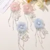 Tela de Malla con Flores Bordadas y Flecos de Perlas para Niña Dulce Oxygen Adhesivo para Manualidades Accesorios para Pendientes de Primavera y Verano Accesorios para el Cabello Pin Lateral Accesorios para Corsage