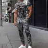 Amazon Y2 Novo Conjunto Masculino de Camiseta com Gola Redonda + Calça Estampado 3D Moda Simples Casual Esportivo Conjunto de Duas Peças