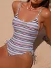 Suministro exclusivo de comercio electrónico transfronterizo: En stock, venta al por mayor directa de fábrica, bikini de una pieza a rayas con bloques de color azul y marrón