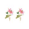 Aretes de loto con gota de aceite de perla de imitación con incrustaciones de aleación de moda, aretes de loto de diamante de color lindo, aretes de hoja de loto, aretes de estilo nacional para mujer