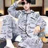 Fábrica de Origem Pijama Masculino de Flanela Outono e Inverno Juventude Veludo Engrossado Desenho Animado Casual Conjunto de Roupa para Casa