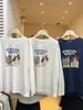 Camiseta de Manga Larga con Estampado de Letras de Dibujos Animados Estilo Retro Perezoso para Mujer Otoño Nuevo Algodón Puro Gris Holgada Aspecto Adelgazante Top