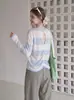 Camisa protectora solar de manga larga a rayas holgada estilo coreano de seda helada para mujer, prenda exterior fina de verano, estilo casual para habitaciones con aire acondicionado 411
