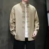 Camisa masculina de manga comprida, camisa casual estilo chinês com gola alta, mistura de linho, tamanho grande, algodão e linho, bordada, com botões de nó chinês tradicional, adequada para primavera e outono