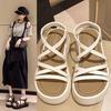 Sandálias femininas plataforma com fundo grosso para o verão de 2024, novo estilo coreano, pequena tira cruzada, salto alto, sapatos romanos