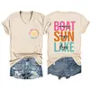 Barco olas rayos del sol Amazon eBay sitio independiente camiseta de mujer de manga corta con cuello en V, moderna y elegante