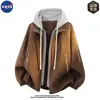 Chaqueta de cuero de alta calidad con capucha y abertura frontal marca NASA, prenda exterior casual y elegante de otoño para hombre, talla grande