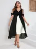 Nuevo transfronterizo de primavera y verano 2023 Amazon talla grande para mujer cuello en V costuras falso dos piezas manga irregular vestido
