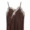 Para Comercio Exterior Europeo y Americano Transfronterizo Ropa de Mujer Aliexpress Más Vendido Verano Marrón Encaje Dobladillo Irregular Vestido de Tirantes