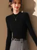 Outono e Inverno Novo Casaco de Gola Redonda Malha Feminina Pulôver Slim Camisa Base Manga Longa Preta Look Emagrecedor Malha